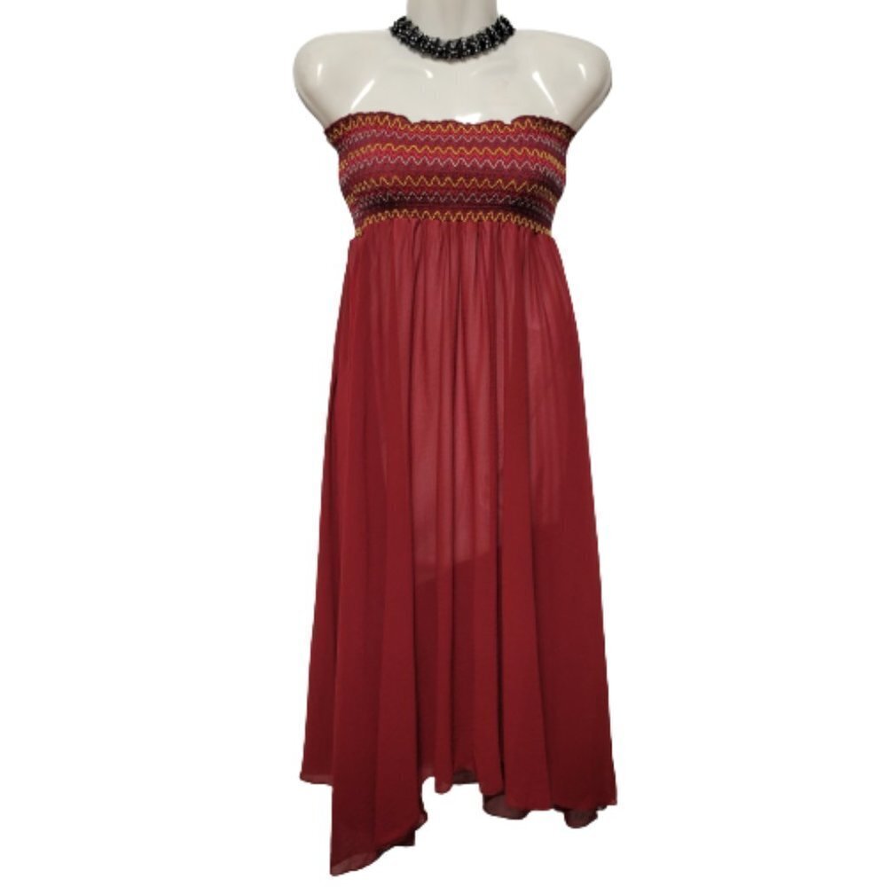 Strapless Red Dress Midi Summer Holiday Party Smocked Dress One Size